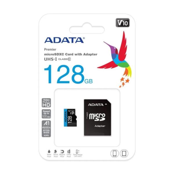 MEMORIA MICRO SD 128GB ADATA AUSDX128GUICL10A1RA1 CLASE 10 UHS I V10 100MB/S 25MB/S PARA DISPOSITIVOS MOVILES