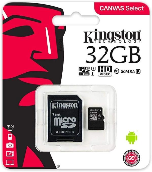 MEMORIA MICRO SDHC 32GB KINGSTON CANVAS SELECT SDCS/32GB CLASE 10 80 MB/S 10 MB/S PARA TELEFONO INTELIGENTE ANDROID Y C&Aacute;MARAS