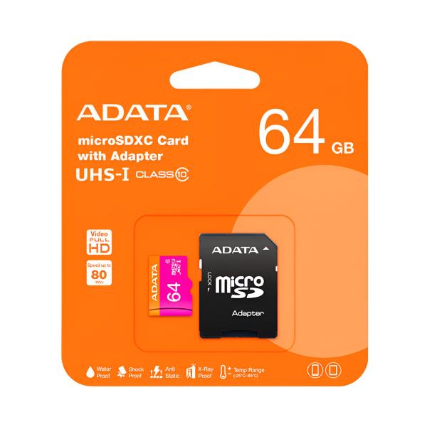 MEMORIA MICRO SD 64GB ADATA AUSDX64GUICL10-RA1 CLASE 10 30 BYTES/S / 40X PARA TEL&Eacute;FONOS INTELIGENTES, TABLETS, C&Aacute;MARAS DIGITALES Y USO MULTIMEDIA B&Aacute;SICO
