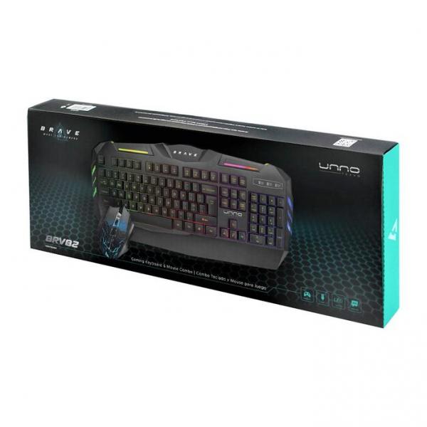 TECLADO Y MOUSE GAMING RGB UNNO TEKNO BRAVE BRV82 AL&Aacute;MBRICO USB INGL&Eacute;S KB6782BK NEGRO