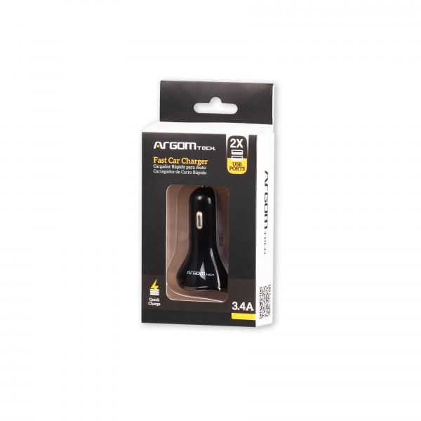CARGADOR ARGOM USB PARA AUTO 2 PUERTOS USB ARG-AC-0117BK
