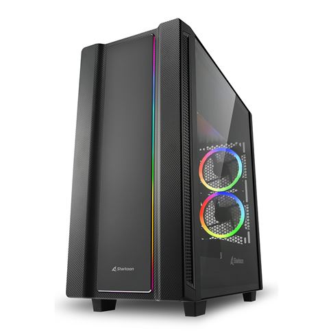 CASE GAMING RGB SHARKOON REV220 MID TOWER VENTILADORES 5 DE 120MM CON VIDRIO LATERAL Y EFECTO FIBRA DE CARBONO 4044951029761 NEGRO