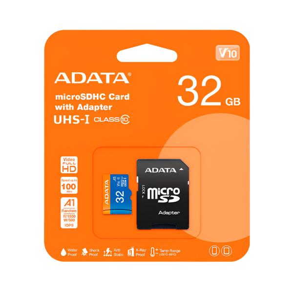 MEMORIA MICRO SDHC 32GB ADATA AUSDH32GUICL10A1-RA1 CLASE 10 100 MB/S 25 MB/S PARA TELÉFONOS INTELIGENTES ANDROID, TABLETAS, CÁMARAS DIGITALES