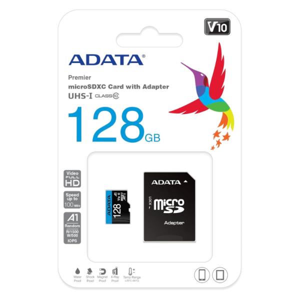 MEMORIA MICRO SDXC 128GB ADATA AUSDX128GUI3V30SA2-R 100MB/S LECTURA 85MB/S ESCRITURA PARA CAMARAS DASH CAMS SMARTPHONES TABLETS RESISTENTE ADAPTADOR SD