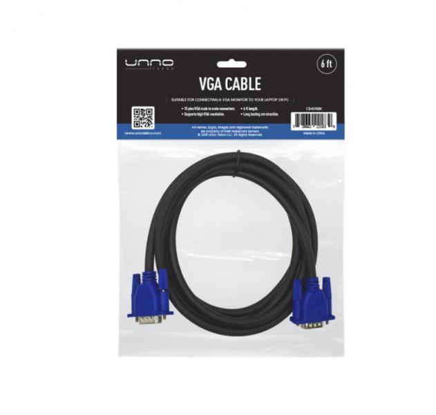 CABLE UNNO TEKNO VGA 1.8M/6FT BLACK CB4016BK NEGRO