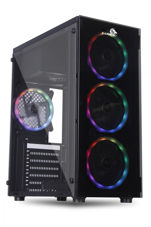 CASE GAMING  X-LION ND-570 TEMPERED  FRONT Y SIDE PANEL  USB2.0*2 + USB3.0*1 + HD 3PCS 12CM FRONT PANNEL E010-141