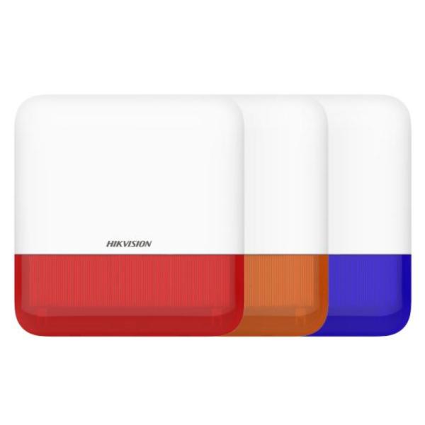 SIRENA INALAMBRICA EXTERIOR HIKVISION DS-PS1-E-WB RF 433 MHZ 110 DB IP65 / BATERIA O 12 VDC / AES-128 / ANTISABOTAJE BLANCO/ ROJO / NARANJA / AZUL
