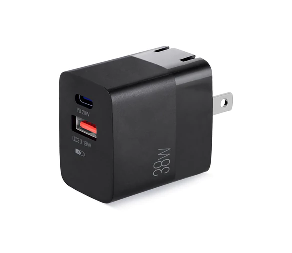CARGADOR ARGOM FAST CHARGE DE PARED  USB DUAL PD VOLTA P4 PLEGABLE TYPE-C+USB 38W ARG-AC-0122BK