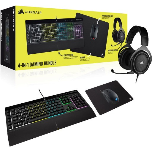 KIT CORSAIR 4 IN 1  TECLADO K55 RGB PRO + MOUSE HARPOON RGB PRO + HEADSET HS50 PRO + MOUSE PAD MM110