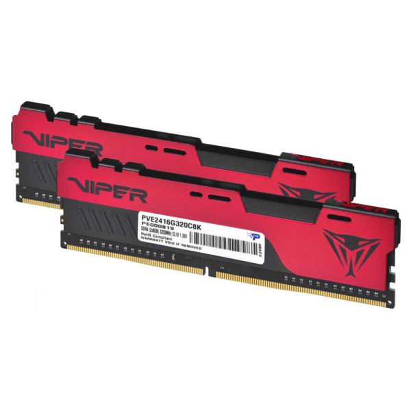 MEMORIA RAM PC 16GB PATRIOT PVE2416G320C8K V ELITE 2 DDR4 3200 MHZ CL16 1.35 V VIPER ELITE II. DUAL KIT. DISIPADOR ALUMINIO. XMP 2.0 DIMM 288 PINES NEGRO/ROJO
