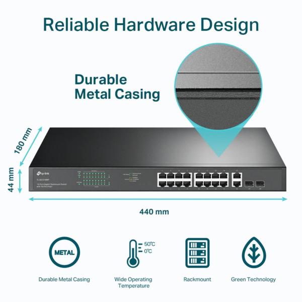 SWITCH TP LINK TL-SG1218MP 16 PUERTOS GIGABIT PoE+ / 2 PUERTOS GIGABIT RJ45 / 2 PUERTOS SFP RACK SMART MANAGED ADMINISTRABLE NEGRO