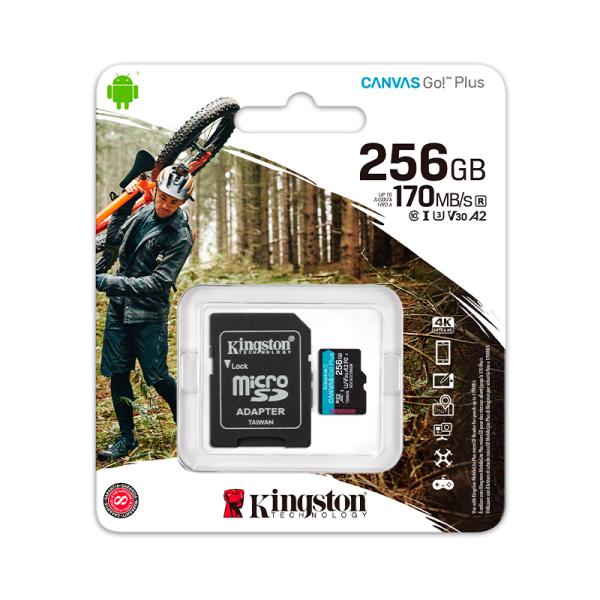 MEMORIA MICRO SDXC 256GB KINGSTON CANVAS GO PLUS SDCG3/256GB CLASE 10 170 MB/S 90 MB/S PARA DISPOSITIVOS ANDROID, C&Aacute;MARAS DE ACCI&Oacute;N, DRONES Y GRABACI&Oacute;N DE VIDEO 4K