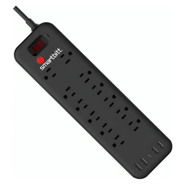 REGLETA PROTECTOR DE PICOS SMARTBITT SBSS-B12-5U 1625W 12 TOMAS SUPRESIÓN DE PICOS Y SOBRECARGA PUERTOS USB-A Y USB-C NEGRO
