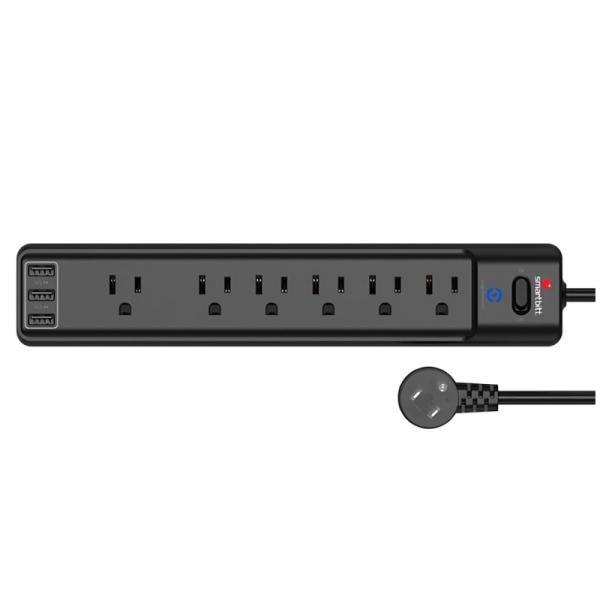 REGLETA PROTECTOR DE PICOS SMARTBITT SBSS-B6-3U 125V 6 TOMAS SUPRESIÓN DE PICOS DE VOLTAJE 3 PUERTOS USB-A NEGRO