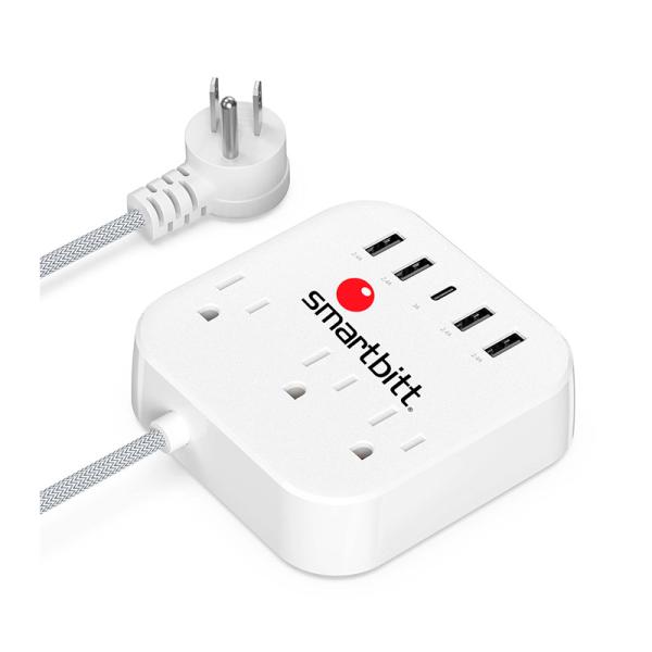REGLETA PROTECTOR DE PICOS SMARTBITT SBSS-B3-5U 125V 3 TOMAS SUPRESIÓN DE PICOS DE VOLTAJE BLANCO