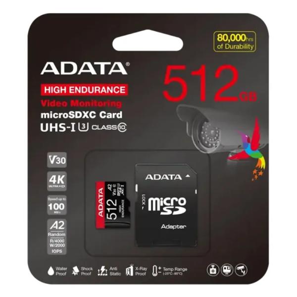MEMORIA MICRO SDXC 512GB ADATA HIGH ENDURANCE CLASE 10 100 MB/S 80 MB/S PARA VIGILANCIA AUSDX512GUI3V30SHA2-RA1