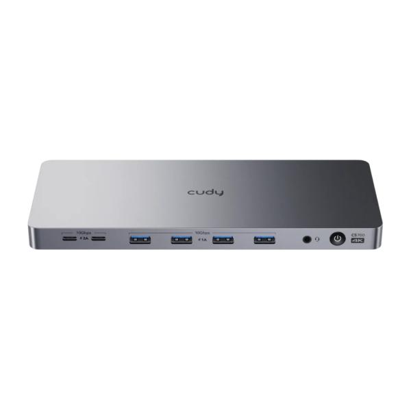 DOCKING STATION  CUDY CS700 1.0  USB-C CON 2 PUERTOS DISPLAYPORT 1.2A/ 2 PUERTOS HDMI 2.0/ 4 PUERTOS USB-A 3.2 GEN 2/  1 PUERTO GIGABIT 10 GBPS HASTA 4K PLATEADO
