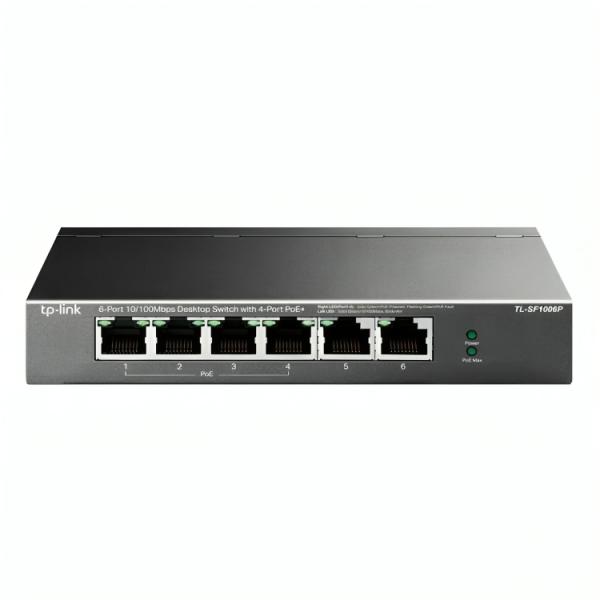 SWITCH TP LINK TL-SF1006P(UN) 4 PUERTOS PoE+ Y 2 PUERTOS FAST ETHERNET 10/100 MBPS NO ADMINISTRABLE NEGRO