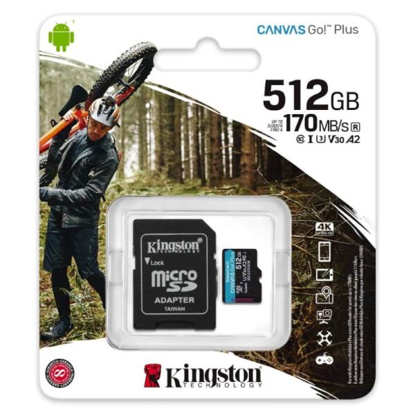 MEMORIA MICRO SDXC 512GB KINGSTON CANVAS GO PLUS SDCG3/512GB CLASE 10 170 MB/S 90 MB/S PARA DISPOSITIVOS ANDROID, C&Aacute;MARAS DRONES Y GRABACI&Oacute;N DE VIDEO 4K