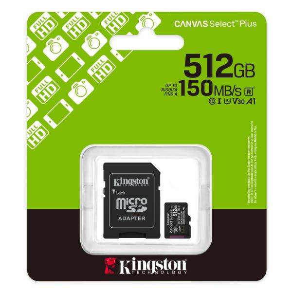 MEMORIA MICRO SD 512GB KINGSTON CLASE 10 UHS-I U3 150 MB/S PARA DISPOSITIVOS Y CAMARAS ANDROID SDCS3/512GB NEGRO