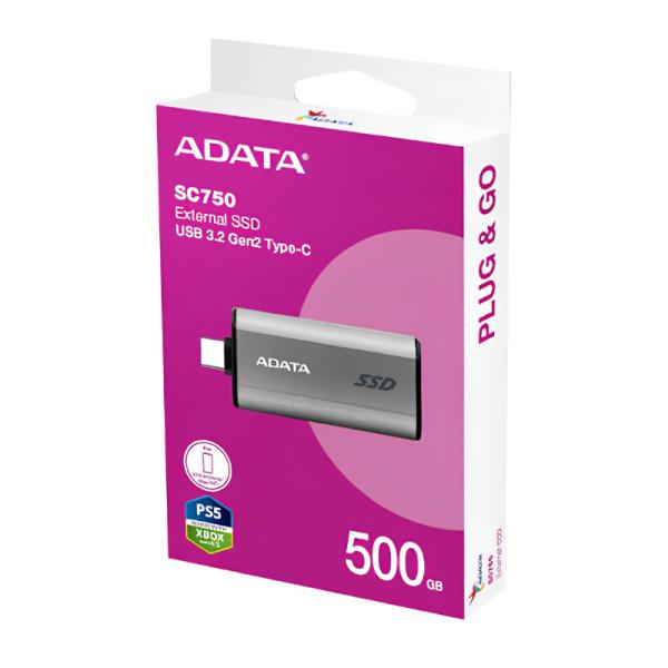 HD SOLIDO EXTERNO 500GB ADATA SC750 USB 3.2 GEN 2 TIPO C 1050 MB/S 1000 MB/S SC750-500G-CCBK GRIS