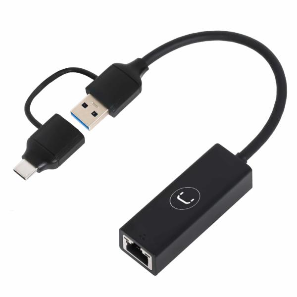 ADAPTADOR 2 EN 1 UNNO TEKNO AD3007BK USB-A USB-C DUAL A GIGABIT ETHERNET 10M/100M/1GBPS NEGRO
