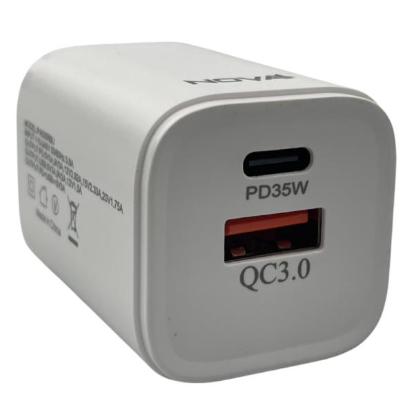 CARGADOR DE PARED NOVA PA035RBU001C 35W 1 PUERTO USB-C Y 1 PUERTO USB-A CARGA RAPIDA BLANCO