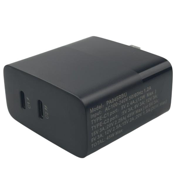 CARGADOR DE PARED NOVA PA045RBU001C 45W 2 PUERTOS USB-C CARGA RAPIDA CON ENCHUFE PLEGABLE NEGRO