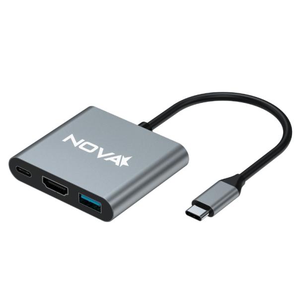 HUB NOVA AHU2S340001C 3 EN 1 USB-C 1 PUERTO USB-C 1 PUERTO USB-A 3.0 Y 1 PUERTO HDMI 4K PLATEADO