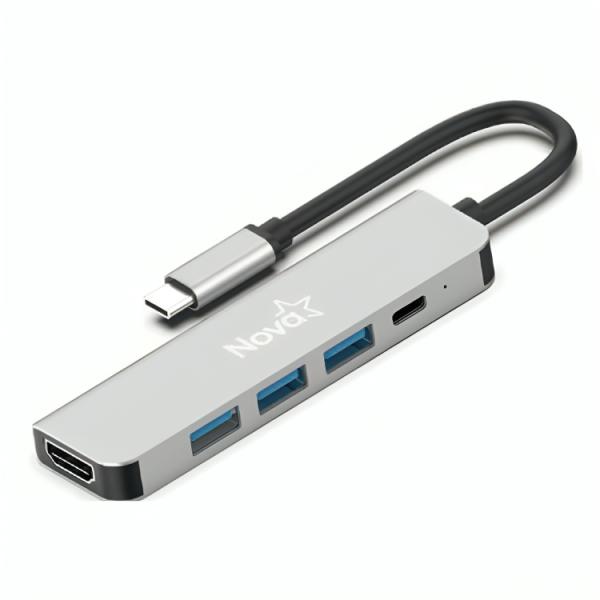 HUB NOVA FAA382CU002C 5 EN 1 USB-C 1 PUERTO USB-A 3.0 2 PUERTOS USB-A 2.0 1 PUERTO USB-C Y 1 PUERTO HDMI 4K PLATEADO