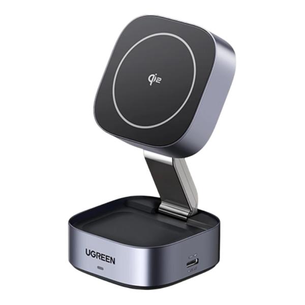 CARGADOR INALAMBRICO 2 EN 1 UGREEN W702 15W MAGNETICO Y PLEGABLE CARGA RAPIDA PARA APPLE 35316 GRIS