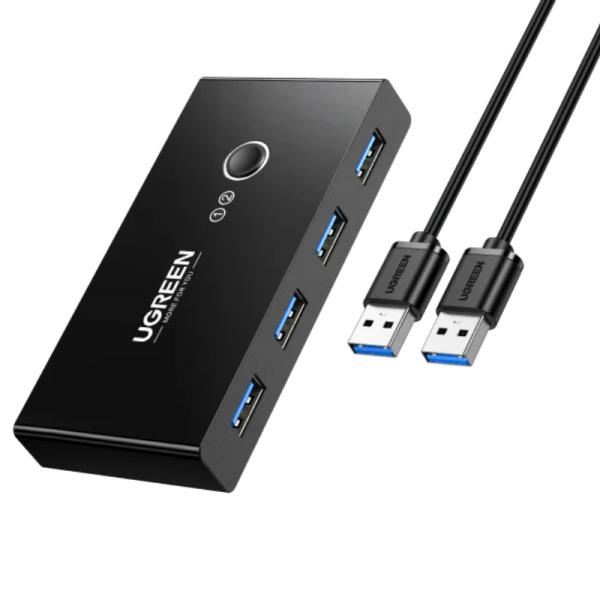 HUB KVM UGREEN US216 2 ENTRADAS Y 4 SALIDAS USB-A 6 PUERTOS 480MBPS INCLUYE DOS CABLES USB-A 3.0 30768 NEGRO