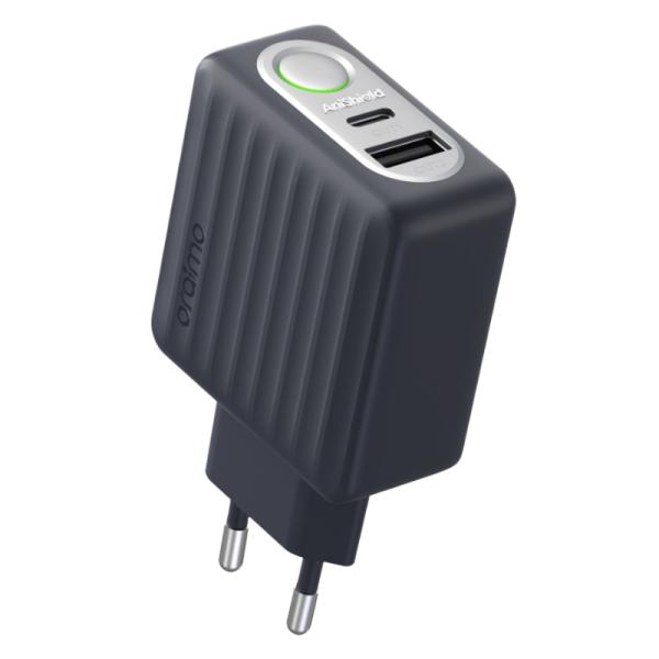 CARGADOR DE PARED ORAIMO OCW-E83D+L53  1 PUERTO USB-A Y 1 PUERTO USB-C CON CONECTOR EUROPEO GRIS