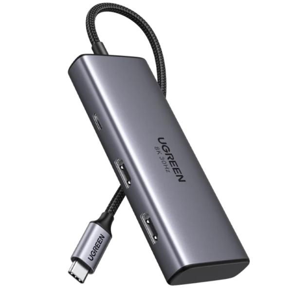 HUB UGREEN CM498 6 EN 1 USB-C  2 PUERTOS HDMI 2 PUERTOS USB-A Y 2 PUERTOS USB-C 4K@60HZ 15852 GRIS