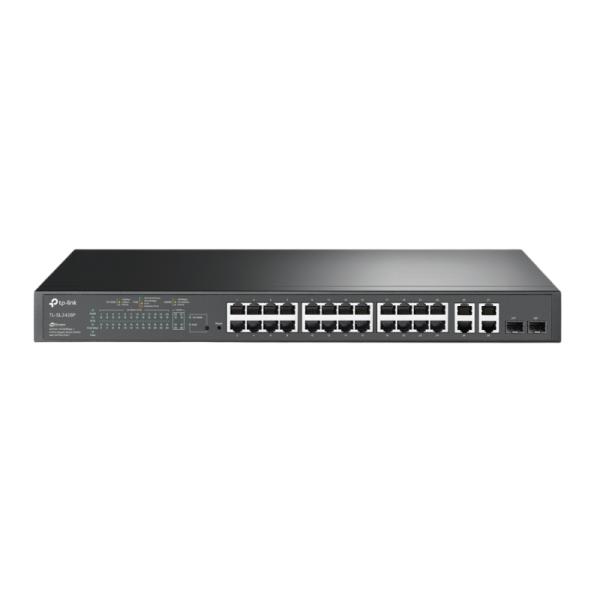 SWITCH TP LINK SL2428P(UN) 24 PUERTOS POE 10/100 MBPS / 2 PUERTOS RJ45 GIGABIT / 2 COMBO GIGABIT SFP ADMINISTRABLE L2+ NEGRO