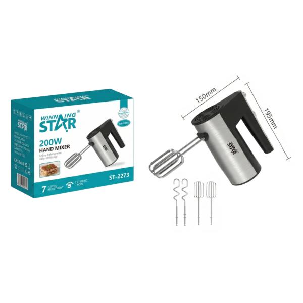 BATIDORA DE MANO WINNING STAR ST-2273 200W 5 VELOCIDADES DDJ-1743-WST-110V-38501 PLATEADO / NEGRO