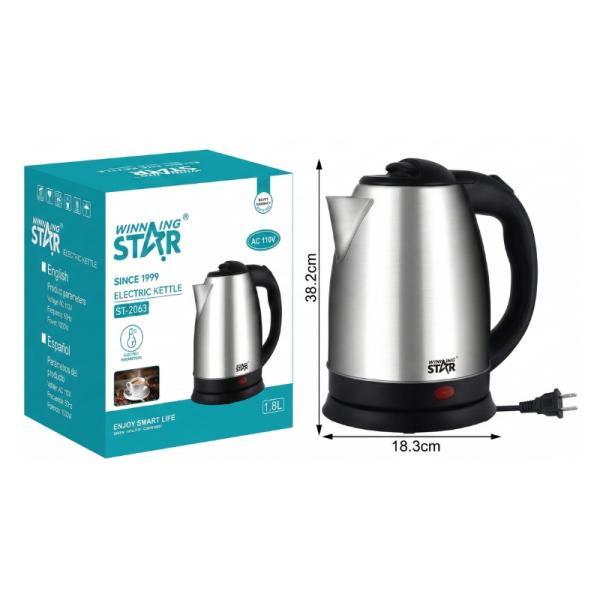 HERVIDOR ELÉCTRICO WINNING STAR 1000W 1.8L ST-2063 RSH-967-WST-110V-17476 PLATEADO / NEGRO