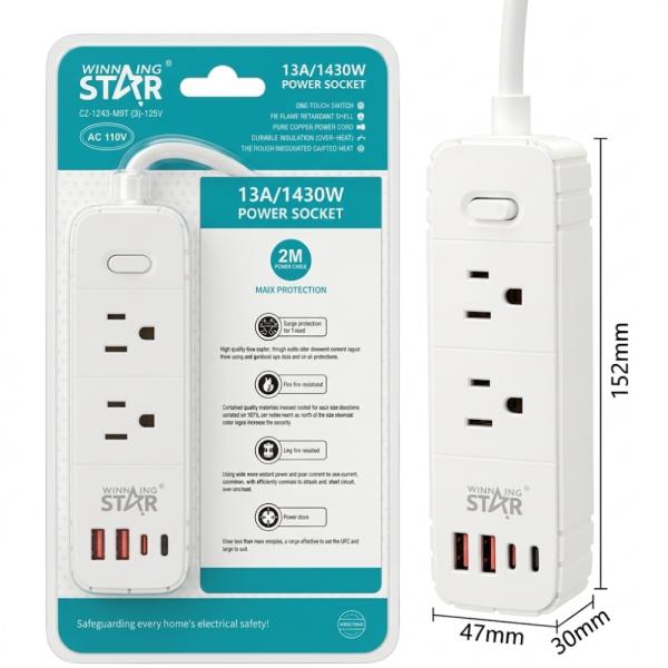 REGLETA WINNING STAR ST-3202U 6 PUERTOS 2 AC / 2 USB / 2 USB-C 2M CZ-1593-WST-110V-17487 BLANCO