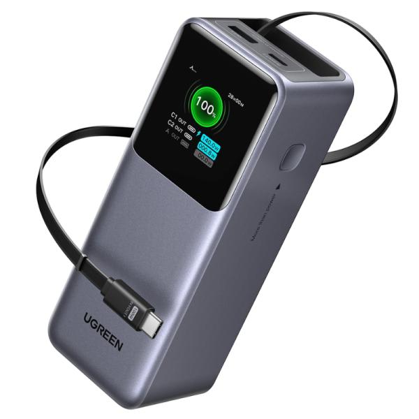 POWER BANK UGREEN PB726 20000MAH USC-C / USB-A CABLE RETRÁCTIL INTEGRADO CARGA RÁPIDA 165W 55987B GRIS